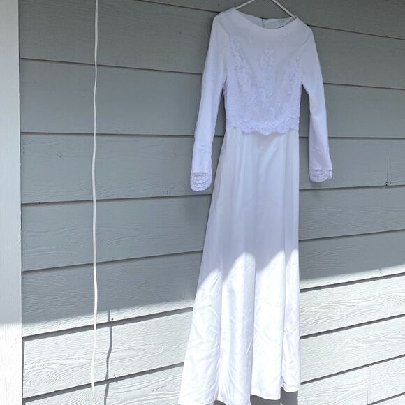 White lace Long Sleeve wedding elopement modest Courthouse LDS Temple dress S - Picture 11 of 14